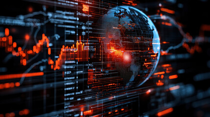 Leinwandbilder - close up view of globe surrounded by interconnected financial networks, showcasing data visualization and global finance trends. vibrant colors create dynamic atmosphere