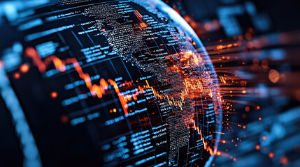 Leinwandbilder - Close up of globe showcasing interconnected financial networks, with vibrant data visualizations and glowing lines representing global trade and finance. image captures essence of modern economics