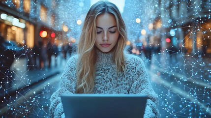 Woman Uses Laptop, City Night Network, Digital