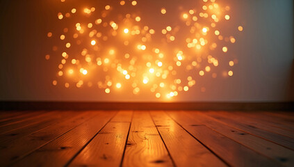 Wall Mural - Glowing Amber Fairy Lights Casting Warm Golden Glows Against a Polished Wooden Floor in a Dimly Lit Room