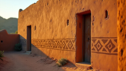 Wall Mural - Rustic Adobe Wall With Geometric Pattern Border And Weathered Texture Illuminated By Warm Sunset Glow In A Desert Landscape Setting