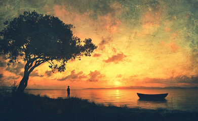 Peaceful sunset by the lakeside with a solitary figure and small boat. 