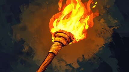 Wall Mural - Illustration of a medieval wooden torch with fire symbolizing tradition and storytelling