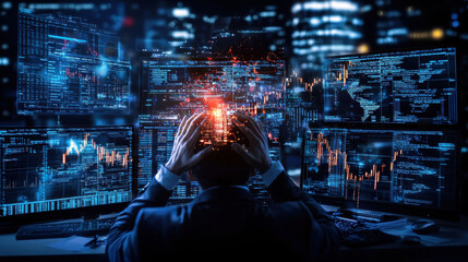 Poster - financial analyst overwhelmed by data, analyzing multiple screens at night. glowing graphs and charts reflect intensity of financial market