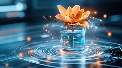 Leinwandbilder - high resolution image of flower vase with vibrant flower, surrounded by digital elements and glowing connections, creating futuristic atmosphere