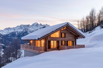 Poster - Cozy Wooden Cabin in Snowy Landscape with Majestic Mountains