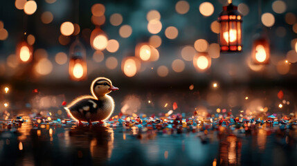 Poster - cute duckling stands on reflective surface surrounded by colorful confetti and glowing lanterns, creating magical and serene atmosphere