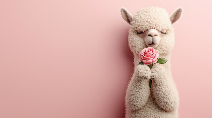 Poster - happy alpaca holding pink rose against soft pink background, radiating joy and warmth. This charming scene captures essence of love and affection