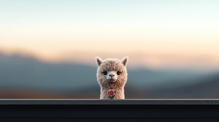 Poster - cute and happy alpaca with rose stands against serene background, evoking sense of joy and tranquility. This charming creature captures essence of nature beauty