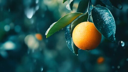 Wall Mural - Fresh orange fruit hanging from a leafy branch in a vibrant orchard, Fresh, vibrant orange fruit hangs from green leafy branch