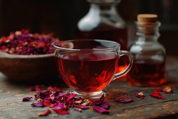 Wall Mural - Aromatic Herbal Tea with Dried Rose Petals in Cozy Setting