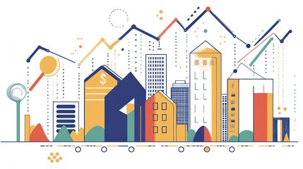 Aufkleber - Cityscape with upward trending graphs illustrating growth and progress.