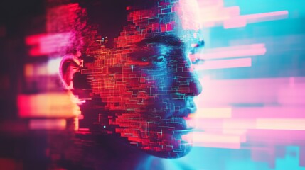 Wall Mural - digital portrait of a person's face, composed of red and blue pixels, set against a blurred backgrou