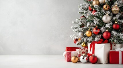 Wall Mural - Snow-dusted Christmas tree with red, gold, and silver ornaments and gifts.