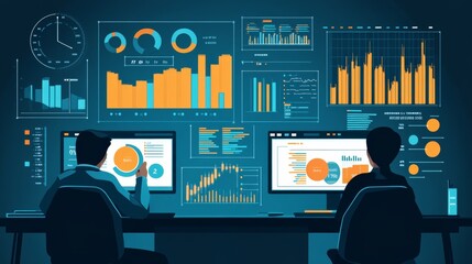 Team of Professional Computer Data Science Engineers Work on Desktops with Screens Showing Charts, Graphs, Infographics, Technical Business Data and Statistics. Dark Control and Monitoring Room.