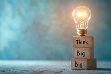 Wall Mural - a glowing light bulb shining brightly above a stack of wooden blocks, each engraved with the words 