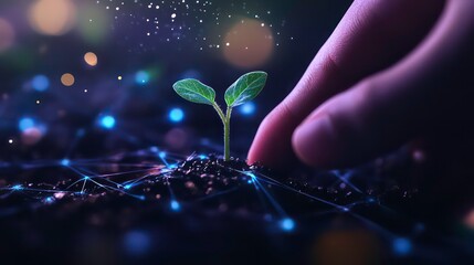 Poster - Hand nurturing a seedling emerging from digital soil, representing growth and technology.