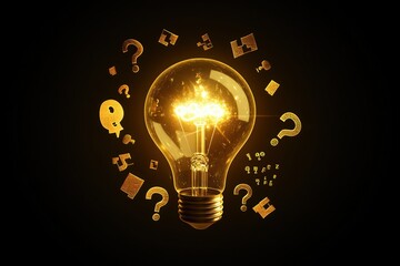 Wall Mural - a glowing light bulb with beams of light radiating outward, surrounded by question marks, puzzle pie