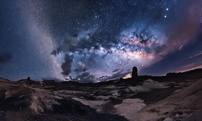 Wall Mural - A breathtaking night sky filled with stars and the Milky Way over a rugged landscape.