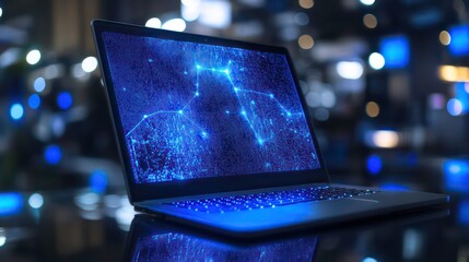Poster - Laptop displaying a glowing network connection graphic on its screen, sitting on a reflective surface with a blurred background.