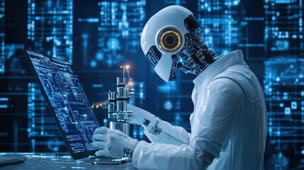 Robot scientist using microscope and computer in a lab.