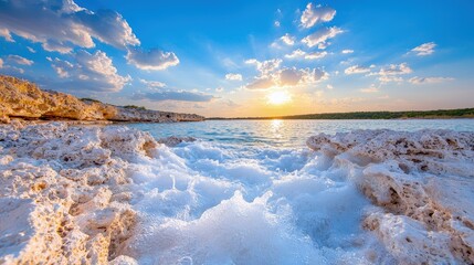 Canvas Print - Vibrant sunset over calm sea with white rocks and waves.