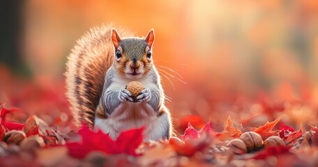 Wall Mural - Cute squirrel holding nut among colorful autumn leaves