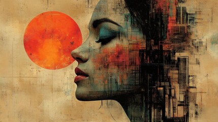 Canvas Print - Abstract portrait, textured, orange sun, woman's profile.