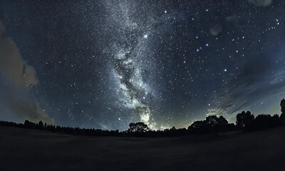 Wall Mural - A stunning night sky filled with stars and the Milky Way over a tranquil landscape.