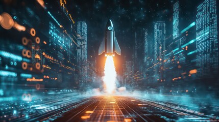 Poster - Rocket launching from futuristic city at night.