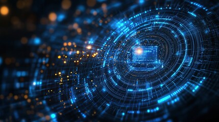 Abstract digital technology background with glowing circular network and central processor.