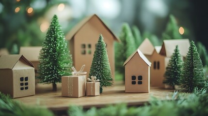 Canvas Print - Miniature cardboard houses and Christmas trees with gifts.