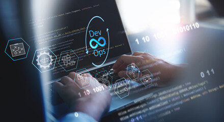 DevOps software development and IT operations, software engineer, project manager working in agile methodology, dev ops icon and javascript. Development Operations programming technology concept
