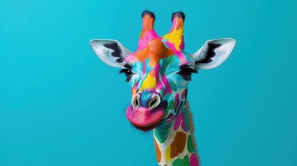 Sticker - Colorful Artistic Giraffe Portrait Against Vibrant Blue Background