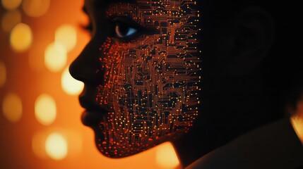 Poster - Close-up profile of a person's face with a circuit board overlay, set against a bokeh background.