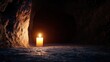 © pornchan - A glowing candle placed at the edge of a dark cave, symbolizing courage and guidance, anticipation, hope, journey