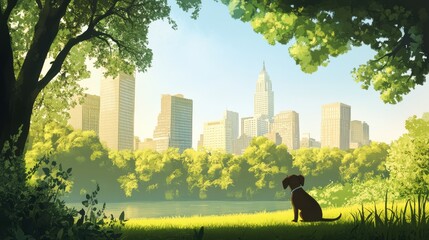 Dog Enjoys Scenic View of City Skyline and Lush Green Park