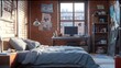 © milenialdesastudio - Sunlit bedroom with brick walls, bed, desk, bookshelf, and window.