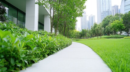 Wall Mural - Modern city park pathway with lush green landscaping and skyscrapers in the background.