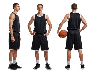 Wall Mural - Basketball player mockup in black jersey sleeveless uniform – isolated front, side, and back views