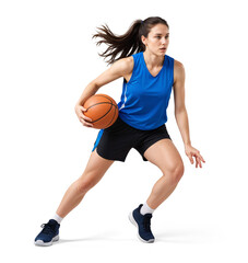 Wall Mural - Female caucasian basketball player in blue jersey running and handling a ball, isolated background