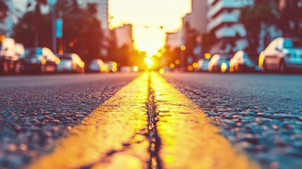 Canvas Print - Sunset view down a city street, focusing on the yellow center line.