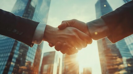 Aufkleber - Two businessmen shaking hands against a city skyline at sunset.