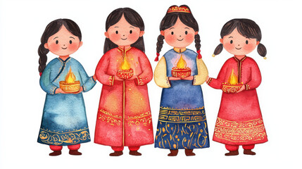 Wall Mural - Four smiling girls in traditional attire holding candles, celebrating festival