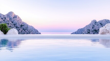 Sticker - Serene infinity pool overlooking a calm sea and majestic mountains at sunset.