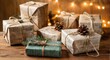 © piyawat - Small gift boxes wrapped in festive paper with pine cones on a wooden table, creating a cozy holiday atmosphere.
