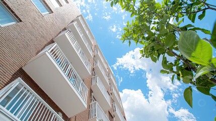 Wall Mural - Low-angle view of modern apartment building with balconies, under a bright blue sky and lush green trees.