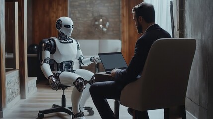 Aufkleber - Man in suit sits opposite a humanoid robot in a modern home office, using a laptop.