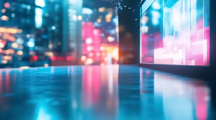 Aufkleber - Night city scene with neon lights reflecting on a glossy surface.