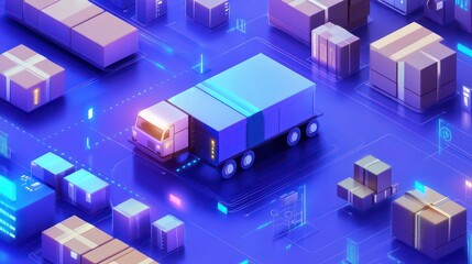 Poster - Isometric illustration of a truck delivering packages within a digital network.
